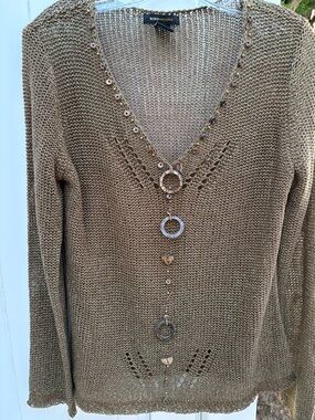 BCBGMaxAzria Metallic Gold Knit V‑Neck Sweater Top xl